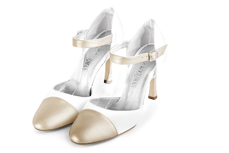 Gold and pure white women's open side shoes, with an instep strap. Round toe. Very high slim heel. Front view - Florence KOOIJMAN